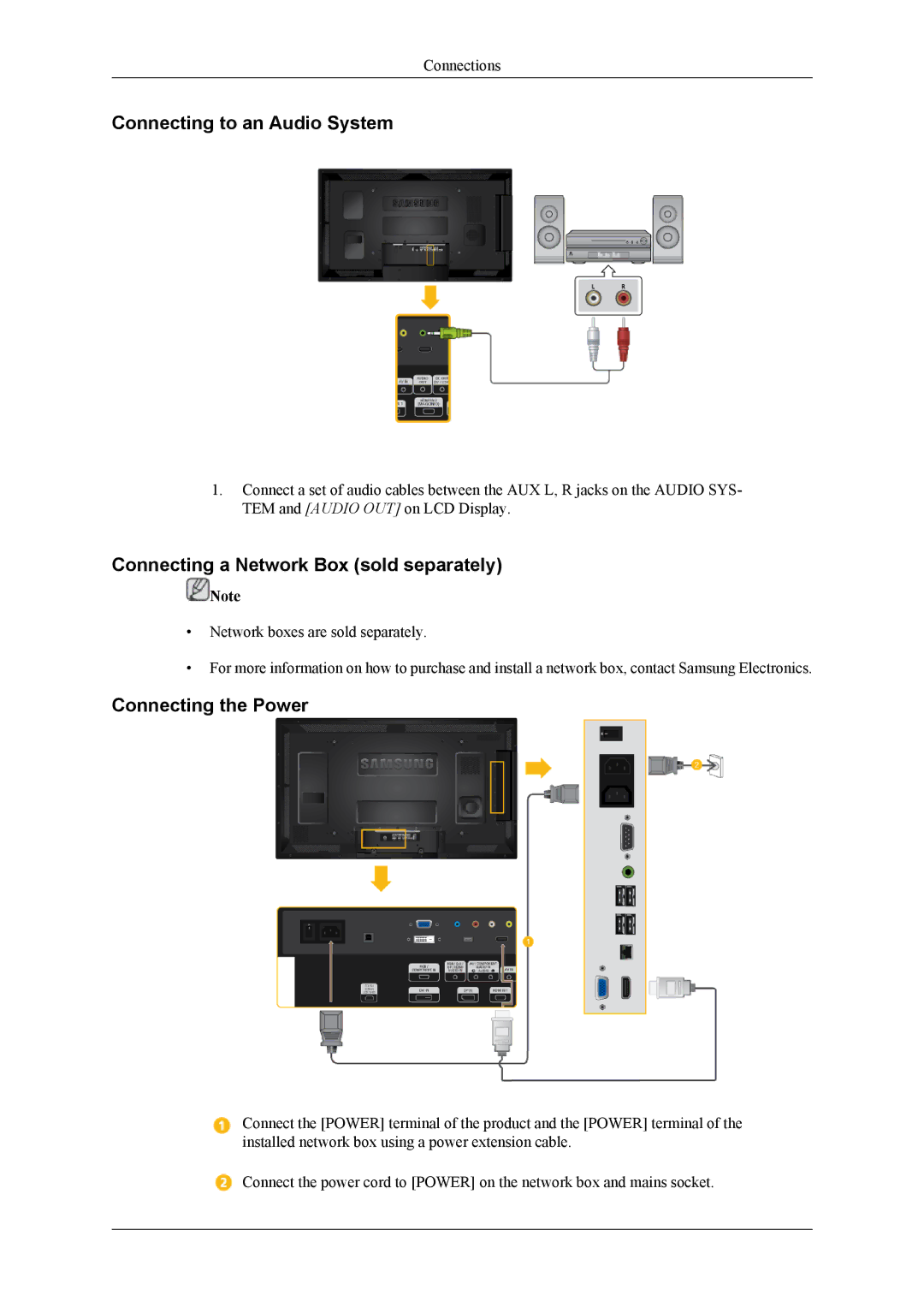 Samsung LH46CRPMBD/XJ manual Connecting to an Audio System, Connecting a Network Box sold separately, Connecting the Power 