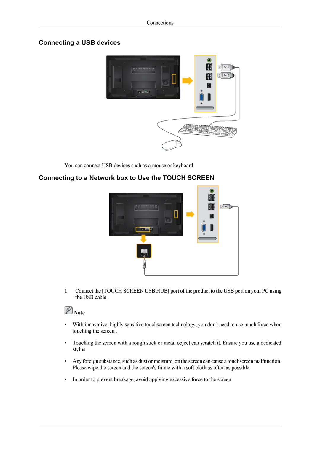 Samsung LH40CRPMBC/XJ, LH46CRPMBD/EN manual Connecting a USB devices, Connecting to a Network box to Use the Touch Screen 