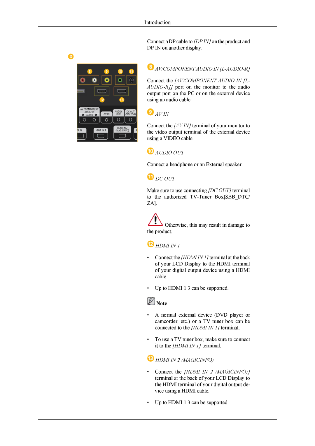 Samsung LH40CRPMBC/XJ, LH46CRPMBD/EN manual AV/COMPONENT Audio in L-AUDIO-R, Audio OUT, Dc Out, Hdmi in 2 Magicinfo 