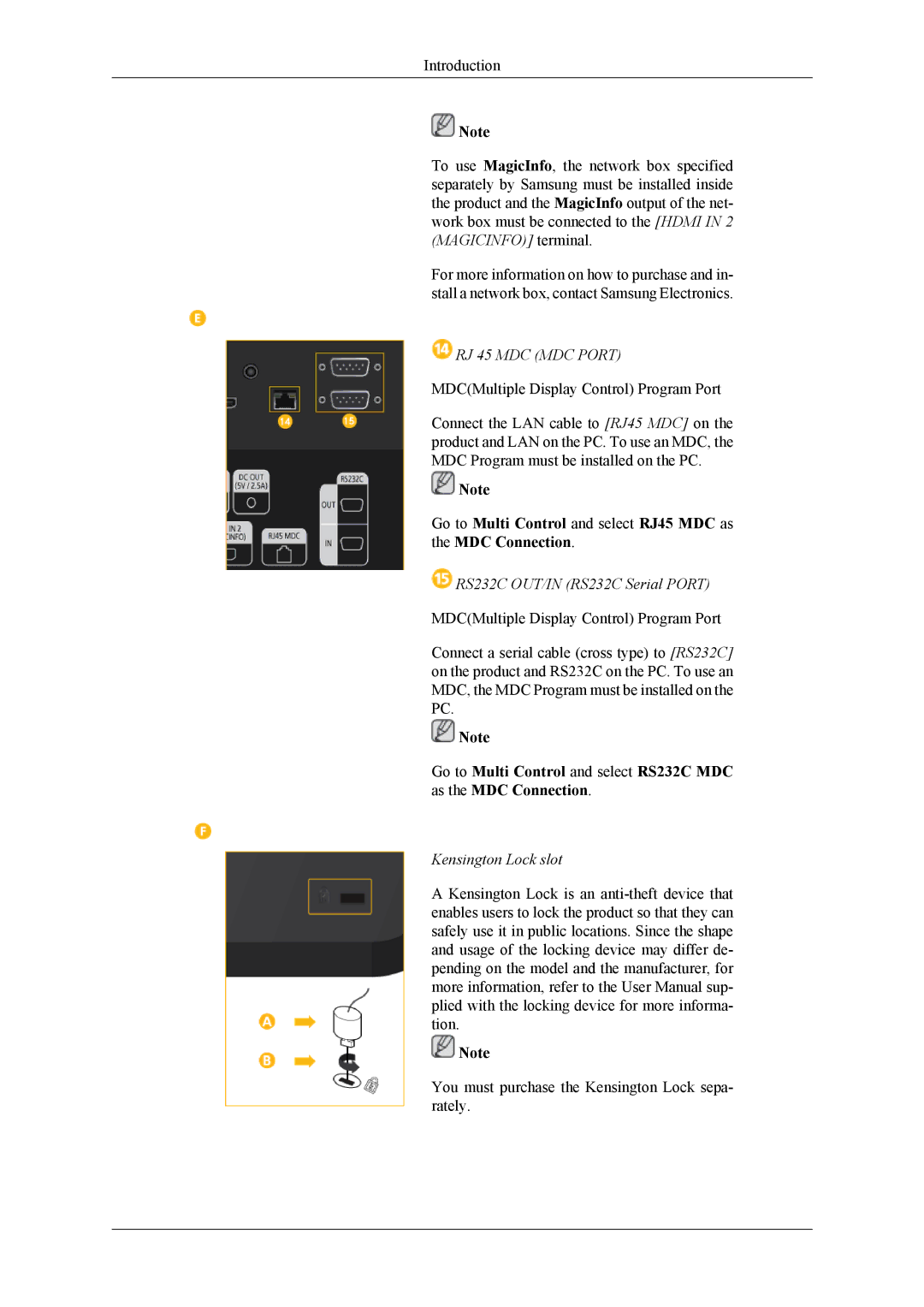 Samsung LH46CRPMBC/XY, LH46CRPMBD/EN, LH46CRPMBC/EN, LH40CRPMBD/EN manual RJ 45 MDC MDC Port, RS232C OUT/IN RS232C Serial Port 