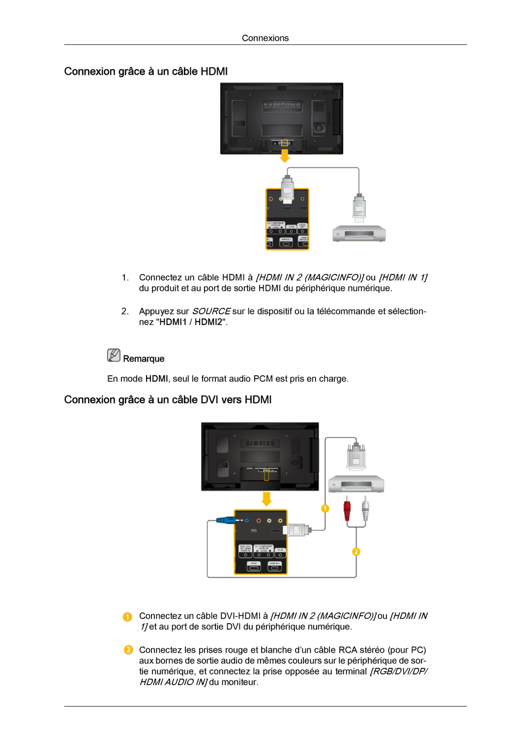 Samsung LH46CRPMBD/EN, LH46CRPMBC/EN manual Connexion grâce à un câble Hdmi, Connexion grâce à un câble DVI vers Hdmi 