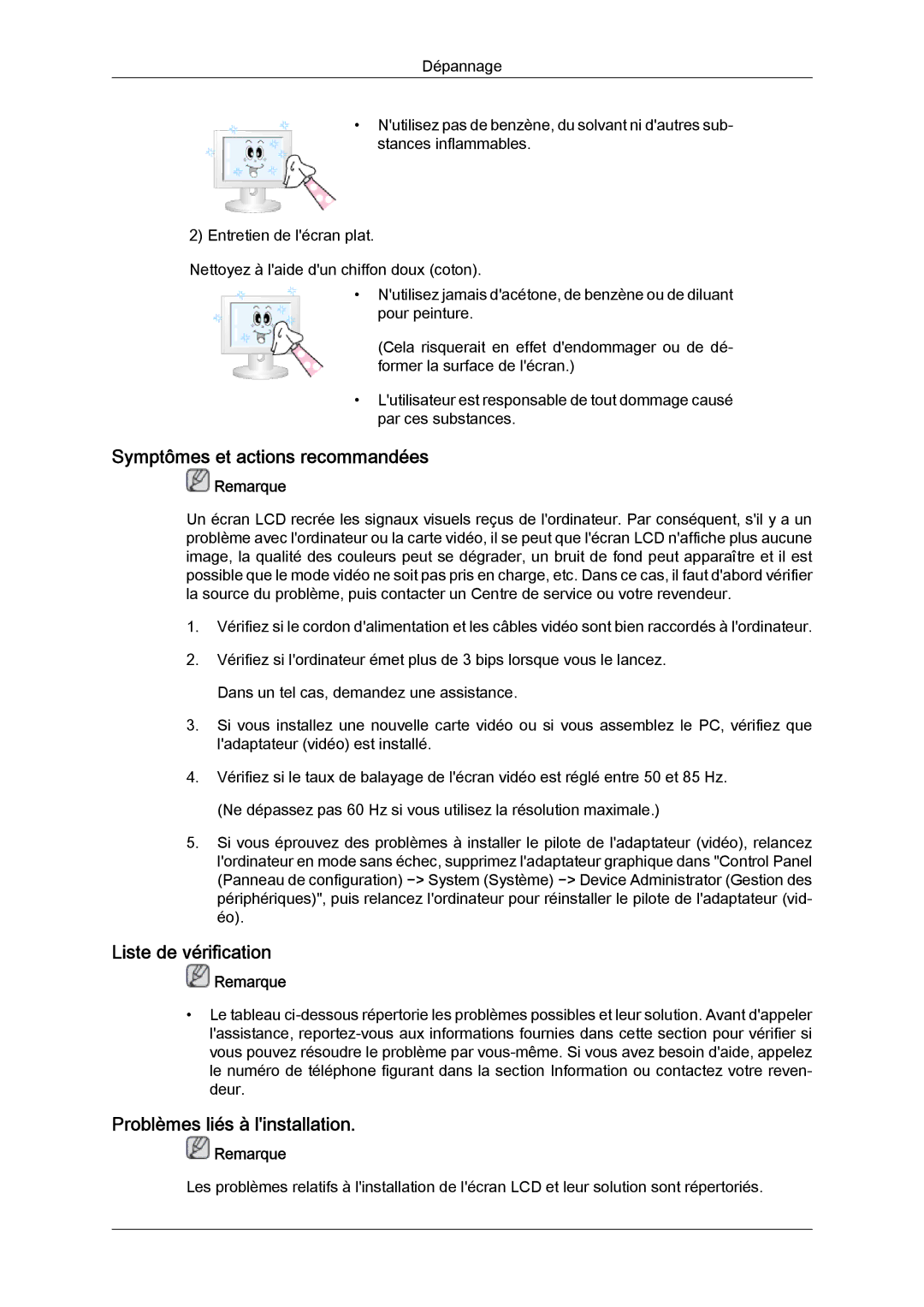 Samsung LH40CRPMBC/EN manual Symptômes et actions recommandées, Liste de vérification, Problèmes liés à linstallation 