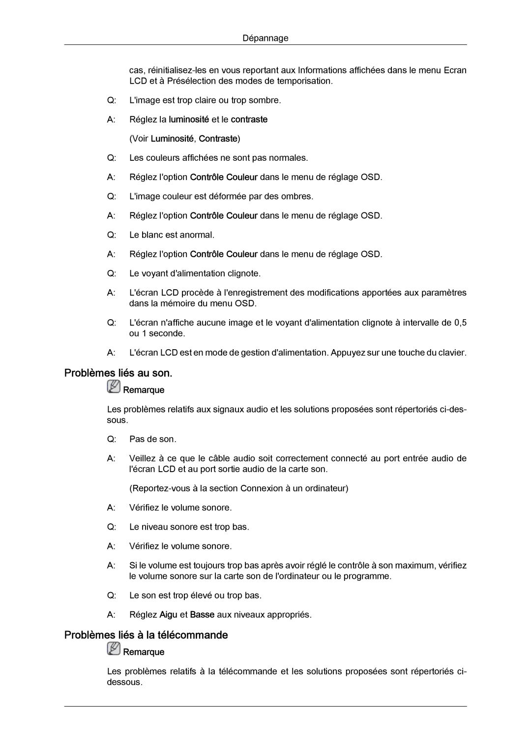 Samsung LH46CRPMBC/EN, LH46CRPMBD/EN, LH40CRPMBD/EN, LH40CRPMBC/EN Problèmes liés au son, Problèmes liés à la télécommande 