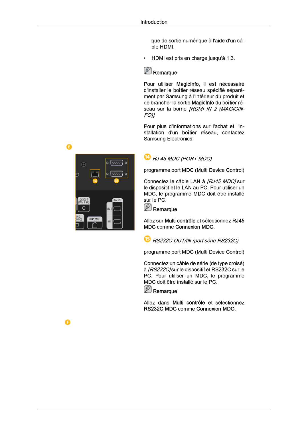 Samsung LH46CRPMBD/EN, LH46CRPMBC/EN, LH40CRPMBD/EN, LH40CRPMBC/EN manual RJ 45 MDC Port MDC, RS232C OUT/IN port série RS232C 