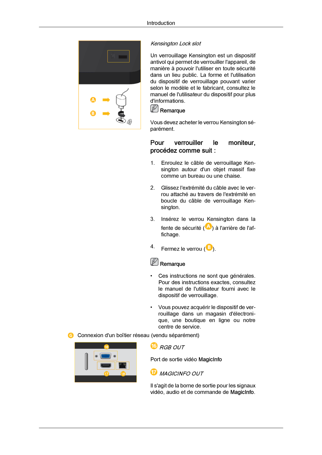 Samsung LH46CRPMBC/EN Pour verrouiller le moniteur, procédez comme suit, Kensington Lock slot, Rgb Out, Magicinfo OUT 