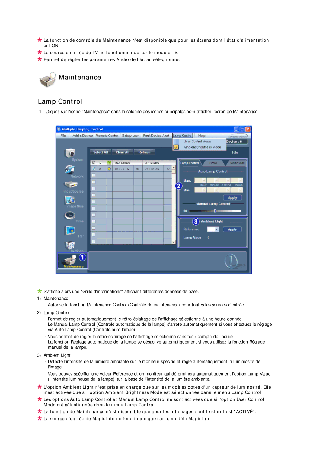 Samsung LH46CRPMBD/EN, LH46CRPMBC/EN, LH40CRPMBD/EN, LH40CRPMBC/EN manual Maintenance Lamp Control 