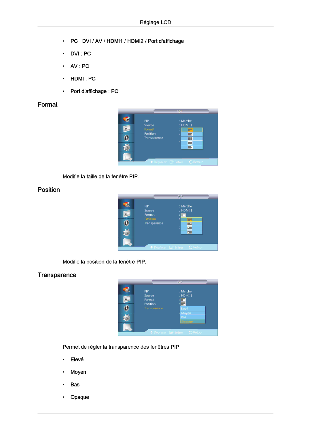 Samsung LH40CRPMBC/EN, LH46CRPMBD/EN, LH46CRPMBC/EN, LH40CRPMBD/EN manual Format, Position, Transparence 