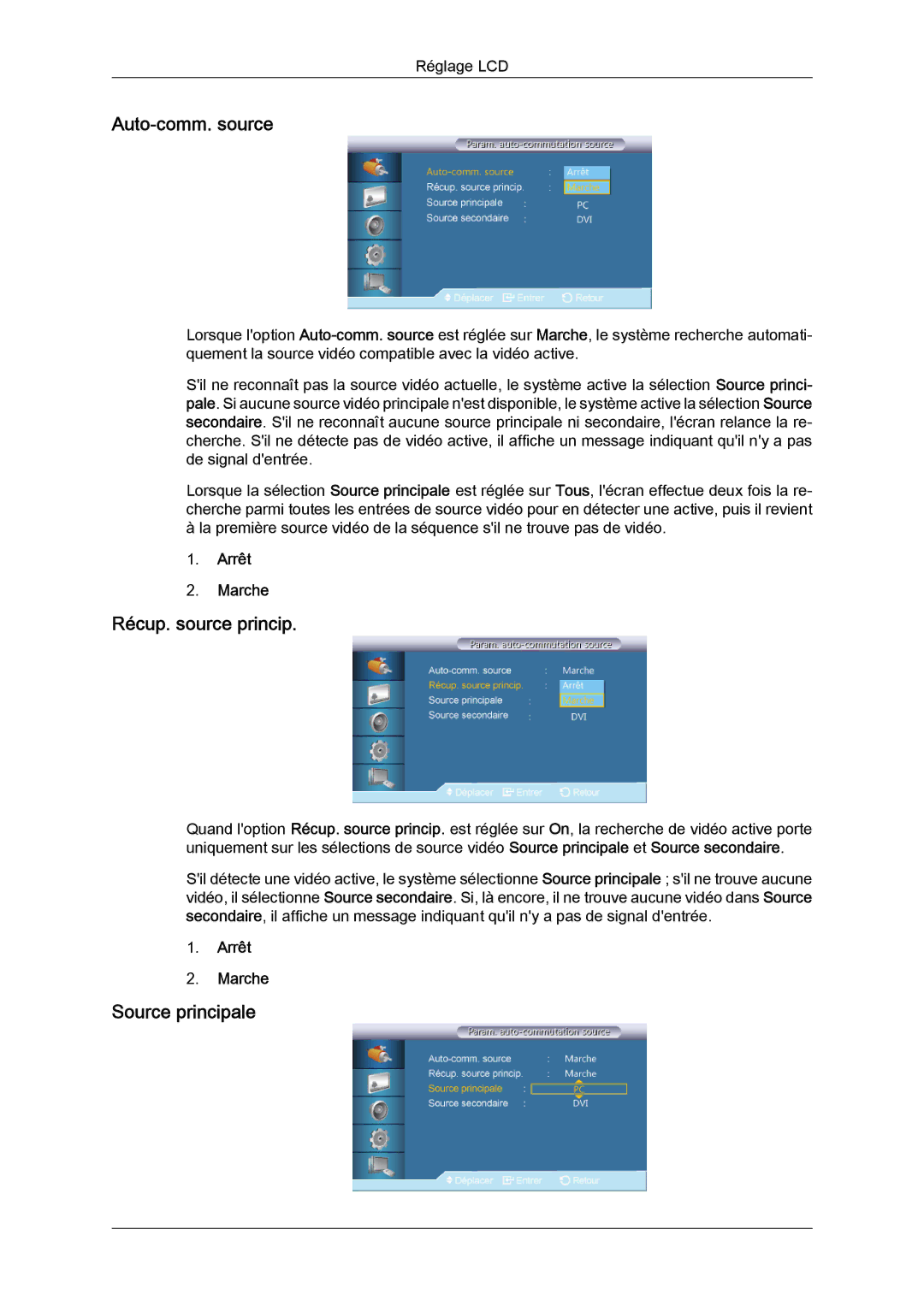 Samsung LH46CRPMBC/EN, LH46CRPMBD/EN, LH40CRPMBD/EN manual Auto-comm. source, Récup. source princip, Source principale 