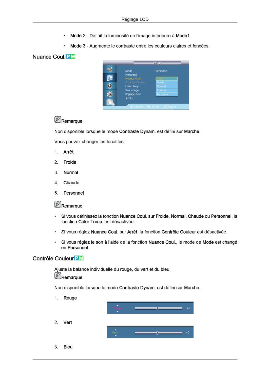Samsung LH46CRPMBD/EN manual Nuance Coul, Contrôle Couleur, Arrêt Froide Normal Chaude Personnel Remarque, Rouge Vert Bleu 