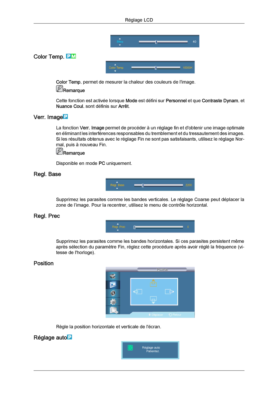 Samsung LH46CRPMBC/EN, LH46CRPMBD/EN, LH40CRPMBD/EN manual Color Temp, Verr. Image, Regl. Base, Regl. Prec, Réglage auto 