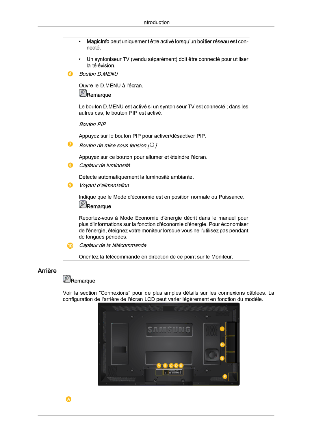 Samsung LH46CRPMBC/EN, LH46CRPMBD/EN, LH40CRPMBD/EN, LH40CRPMBC/EN manual Arrière 