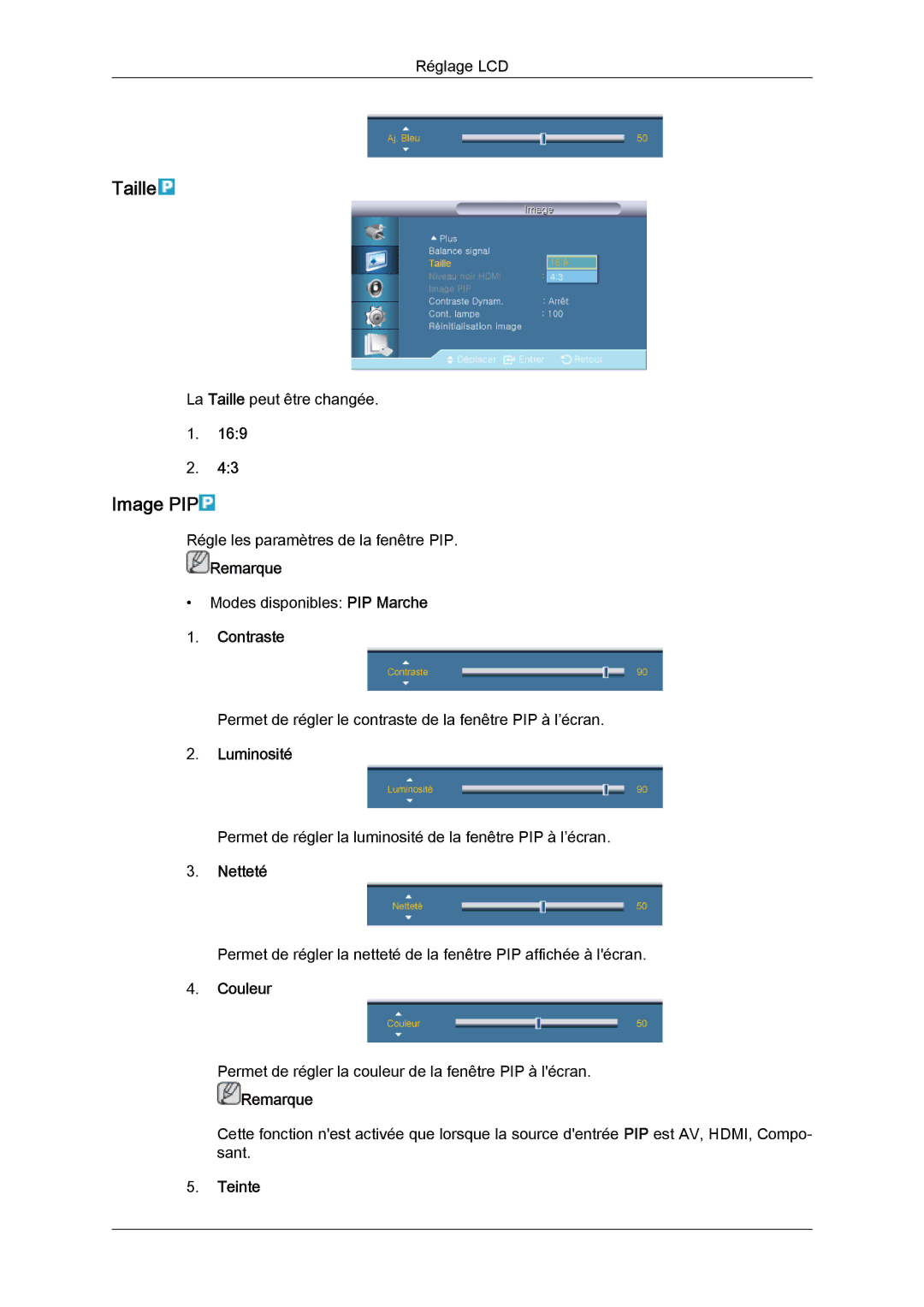 Samsung LH40CRPMBC/EN, LH46CRPMBD/EN, LH46CRPMBC/EN, LH40CRPMBD/EN manual Image PIP, Couleur, Teinte 