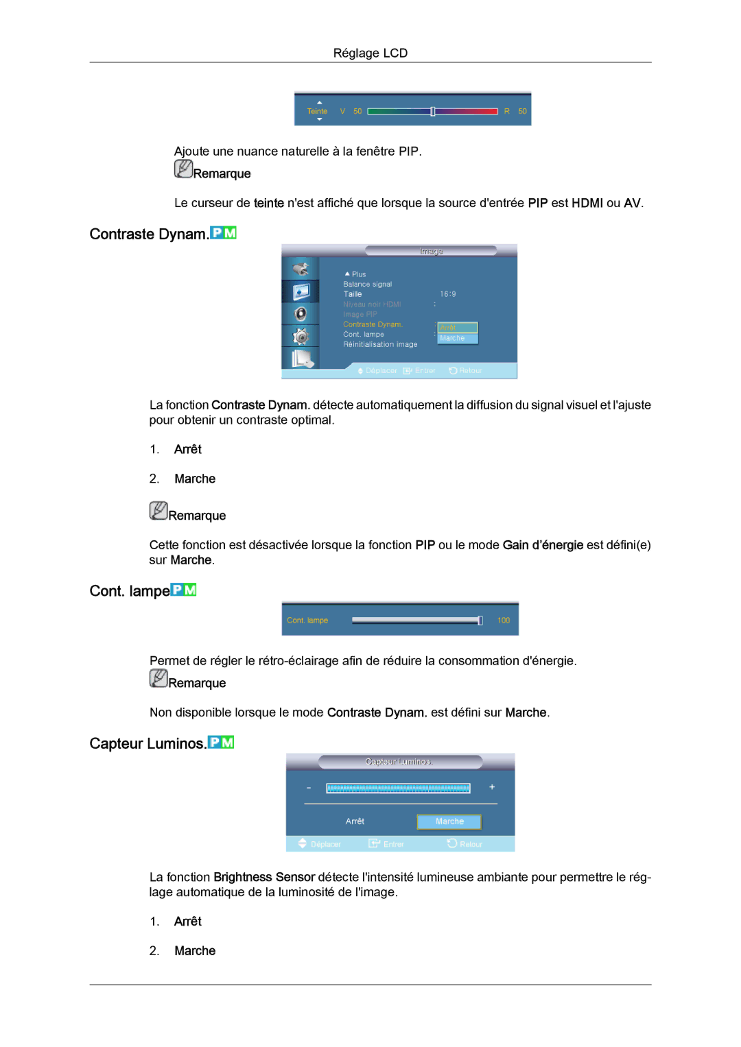 Samsung LH46CRPMBD/EN, LH46CRPMBC/EN, LH40CRPMBD/EN Contraste Dynam, Cont. lampe, Capteur Luminos, Arrêt Marche Remarque 