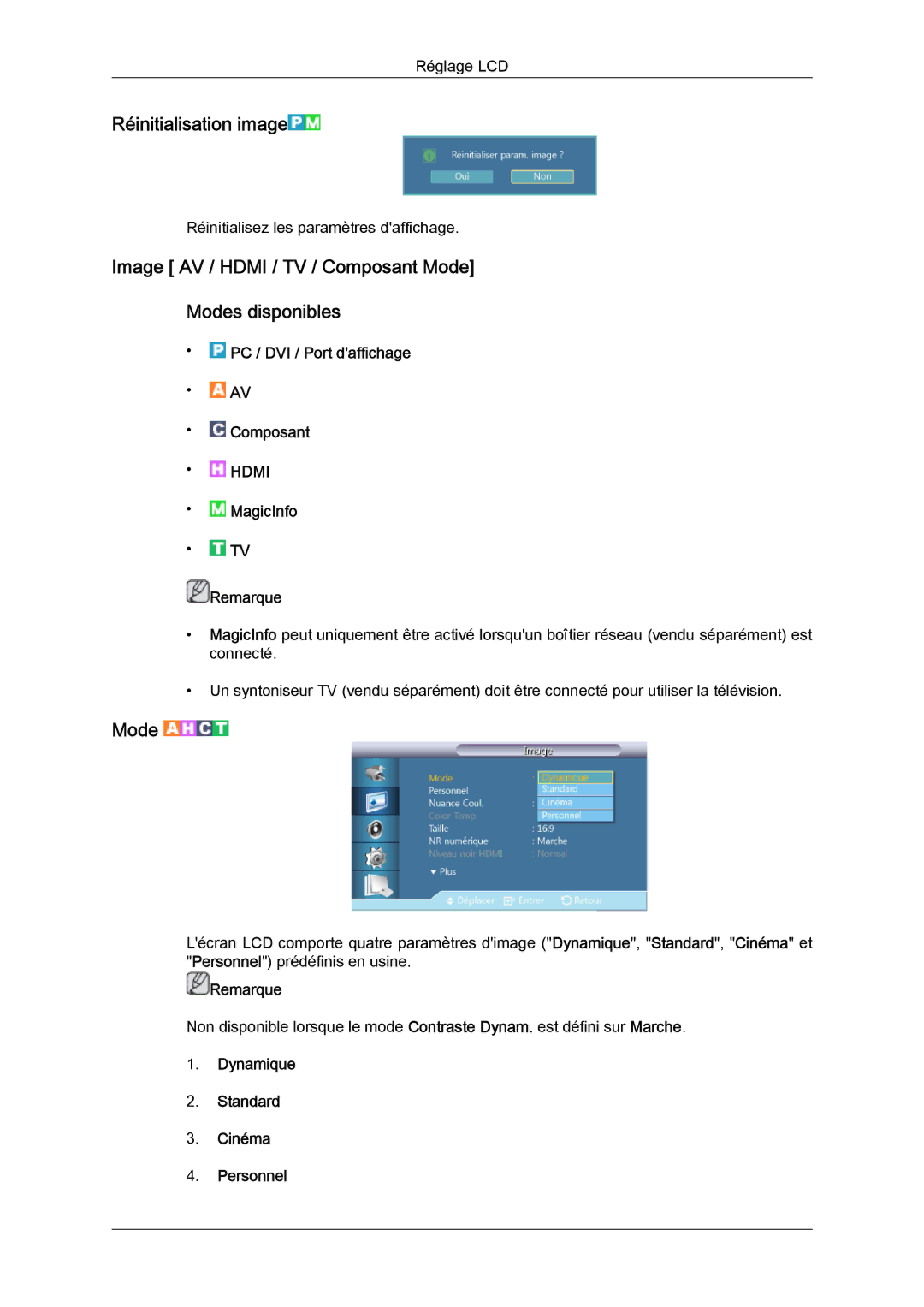 Samsung LH46CRPMBC/EN, LH46CRPMBD/EN manual Réinitialisation image, Image AV / Hdmi / TV / Composant Mode Modes disponibles 