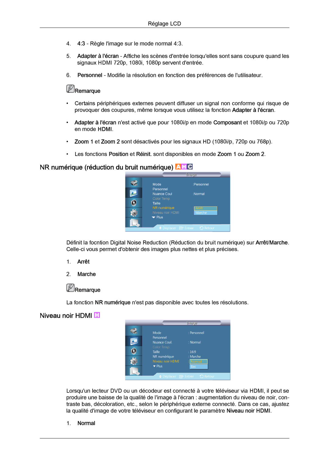 Samsung LH46CRPMBD/EN, LH46CRPMBC/EN, LH40CRPMBD/EN manual NR numérique réduction du bruit numérique, Niveau noir Hdmi 