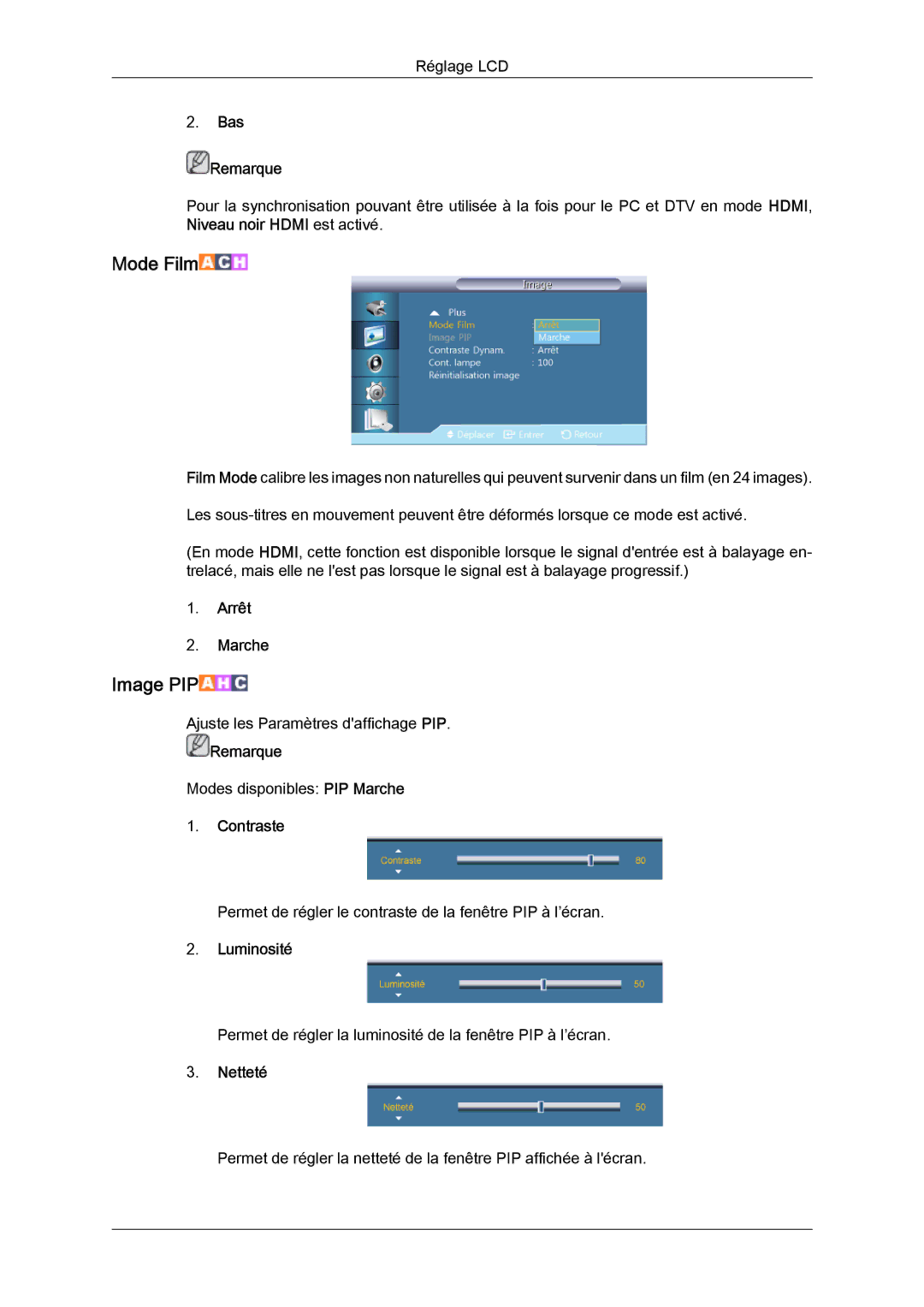 Samsung LH46CRPMBC/EN, LH46CRPMBD/EN, LH40CRPMBD/EN, LH40CRPMBC/EN manual Mode Film, Bas Remarque 