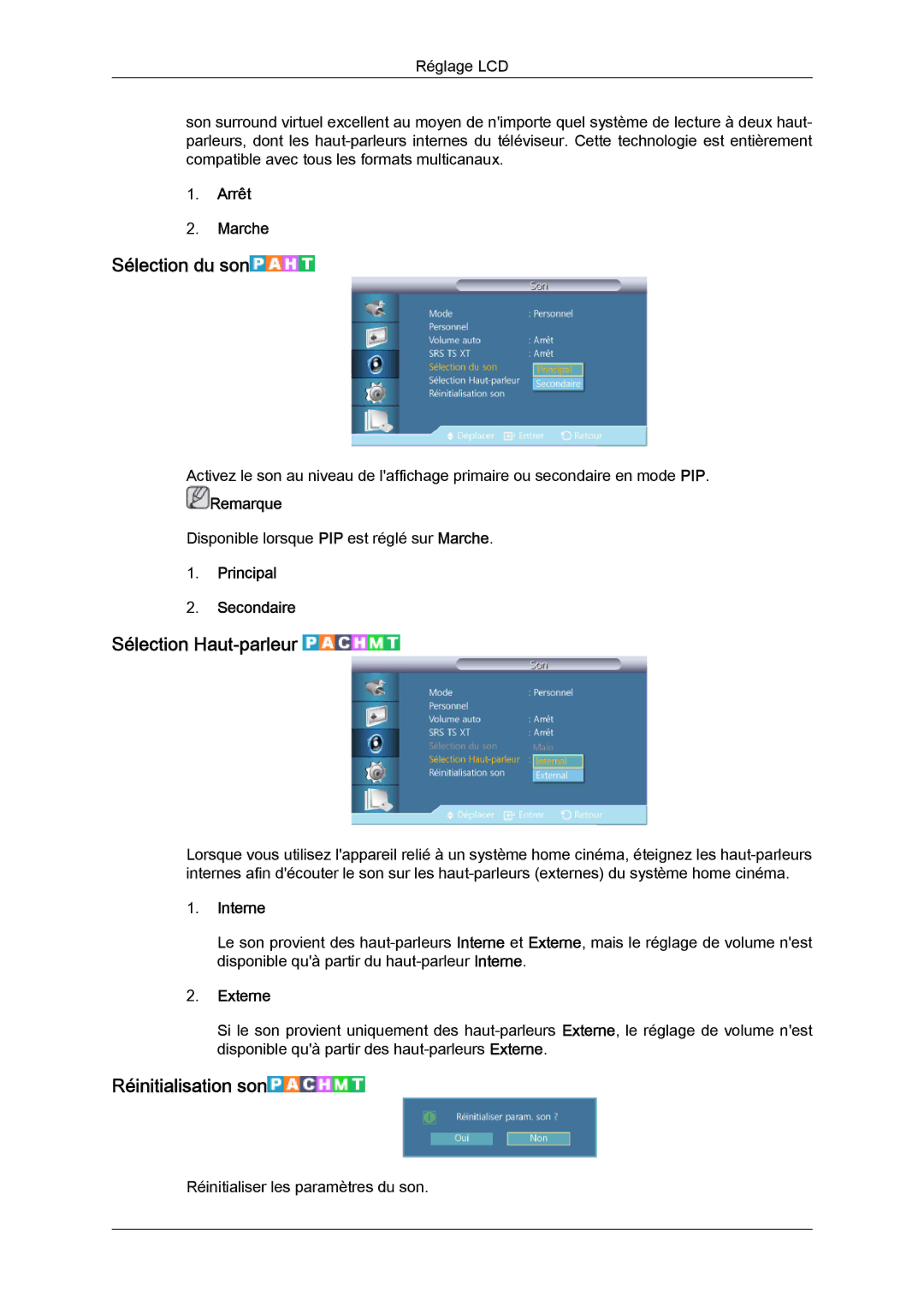 Samsung LH46CRPMBC/EN, LH46CRPMBD/EN, LH40CRPMBD/EN manual Sélection du son, Sélection Haut-parleur, Réinitialisation son 