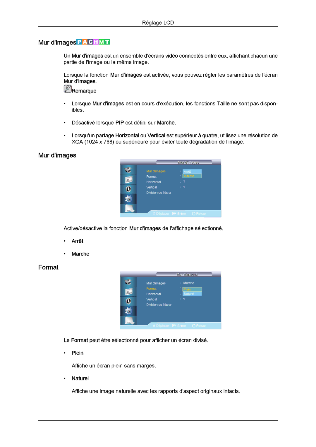 Samsung LH40CRPMBD/EN, LH46CRPMBD/EN, LH46CRPMBC/EN, LH40CRPMBC/EN manual Mur dimages, Plein 