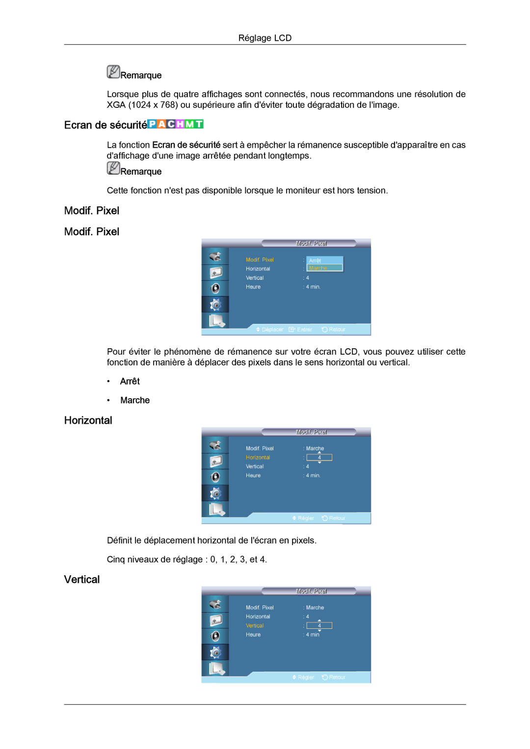 Samsung LH46CRPMBD/EN, LH46CRPMBC/EN, LH40CRPMBD/EN, LH40CRPMBC/EN manual Ecran de sécurité, Modif. Pixel 