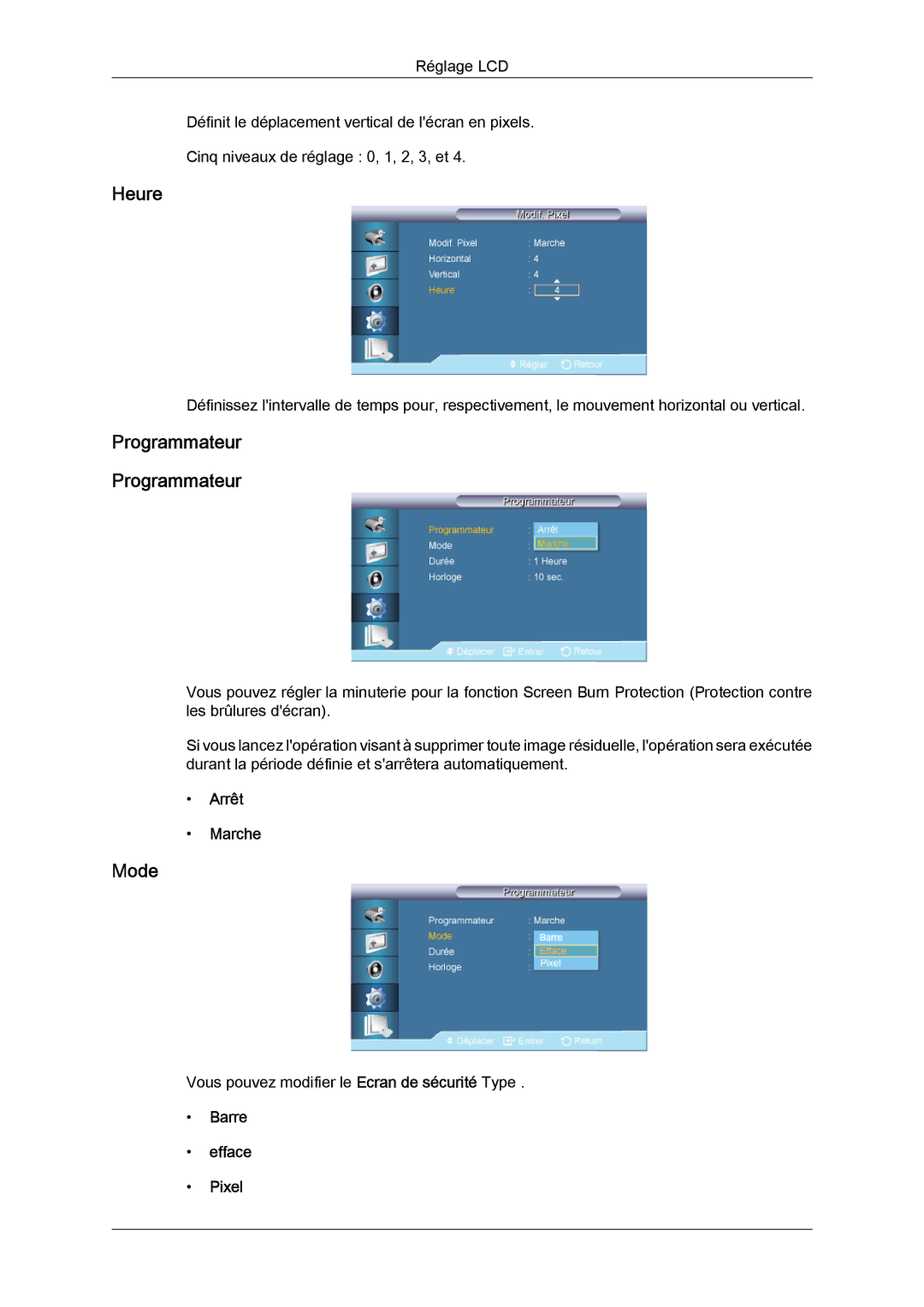 Samsung LH46CRPMBC/EN, LH46CRPMBD/EN, LH40CRPMBD/EN, LH40CRPMBC/EN manual Heure, Programmateur, Barre Efface Pixel 