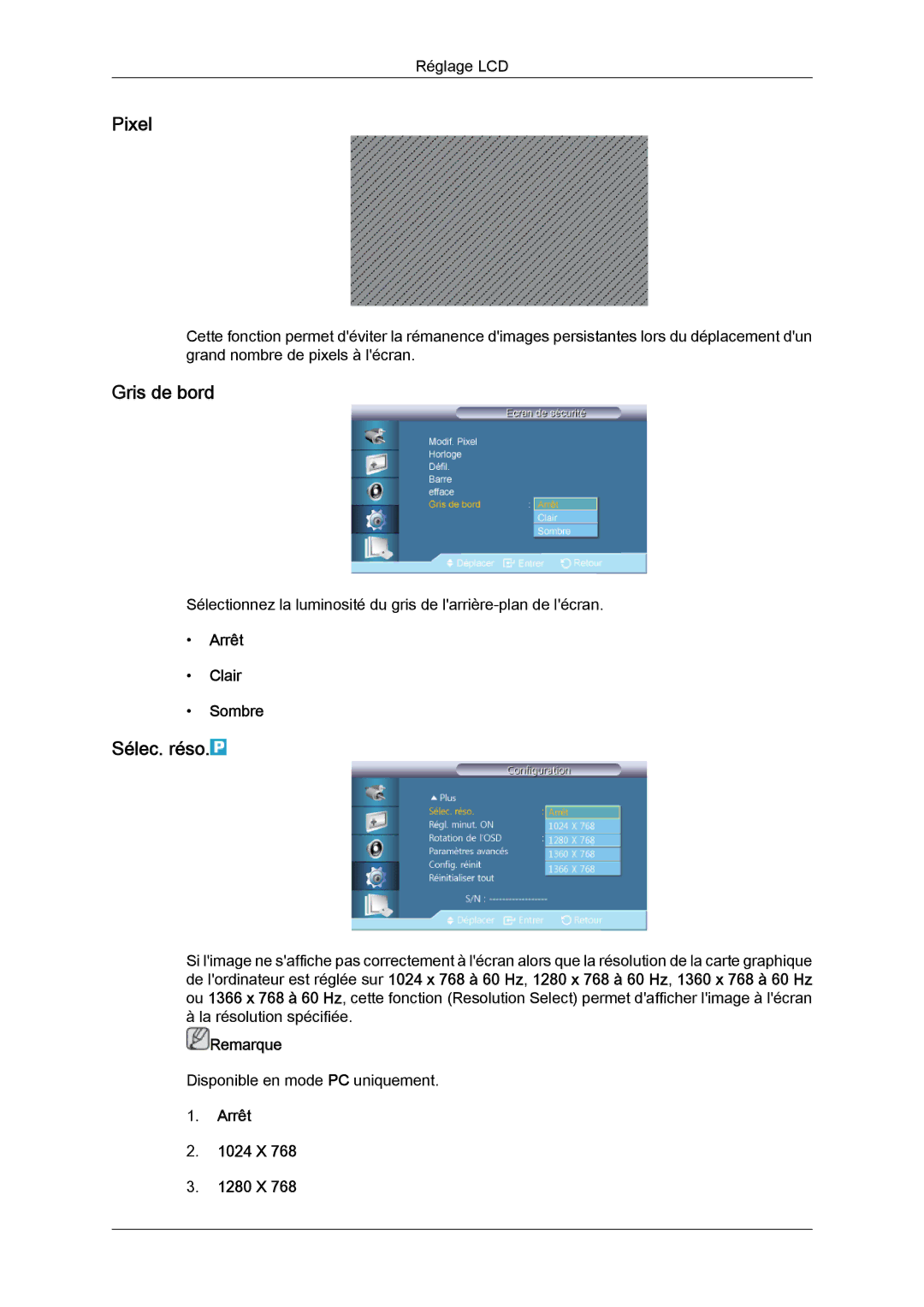 Samsung LH40CRPMBC/EN, LH46CRPMBD/EN manual Pixel, Gris de bord, Sélec. réso, Arrêt Clair Sombre, Arrêt 1024 X 1280 X 