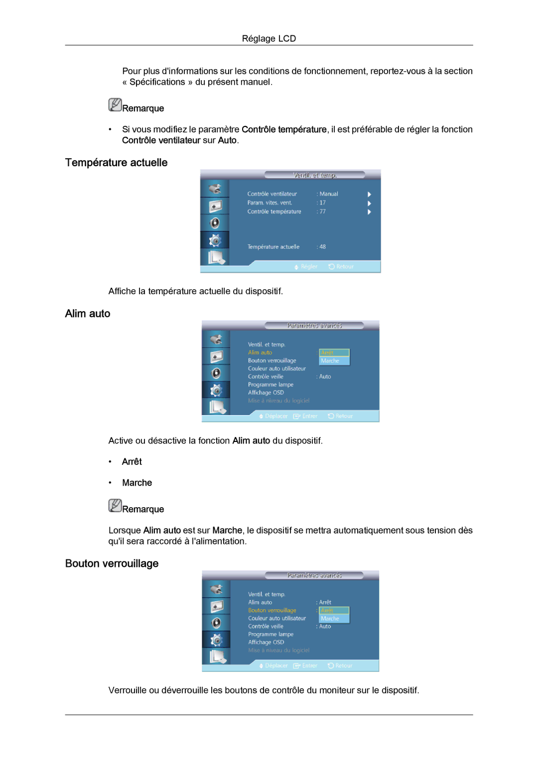 Samsung LH40CRPMBD/EN, LH46CRPMBD/EN, LH46CRPMBC/EN, LH40CRPMBC/EN manual Température actuelle, Alim auto, Bouton verrouillage 