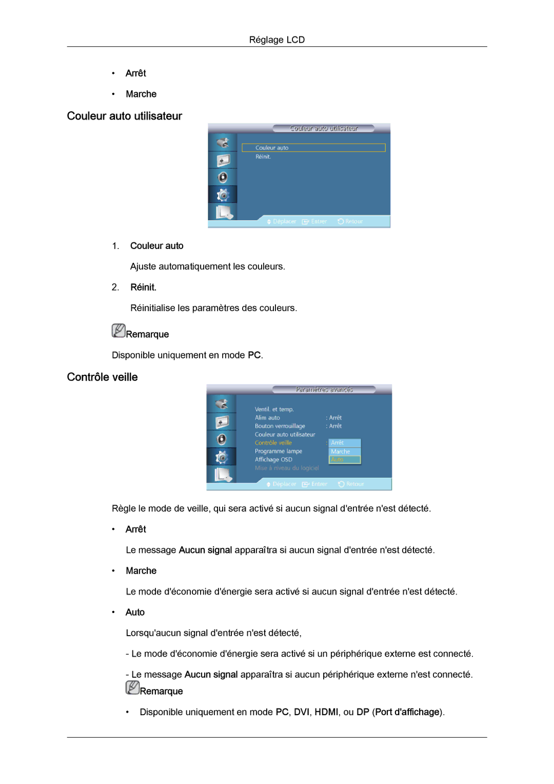 Samsung LH40CRPMBC/EN, LH46CRPMBD/EN, LH46CRPMBC/EN, LH40CRPMBD/EN Couleur auto utilisateur, Contrôle veille, Réinit, Auto 