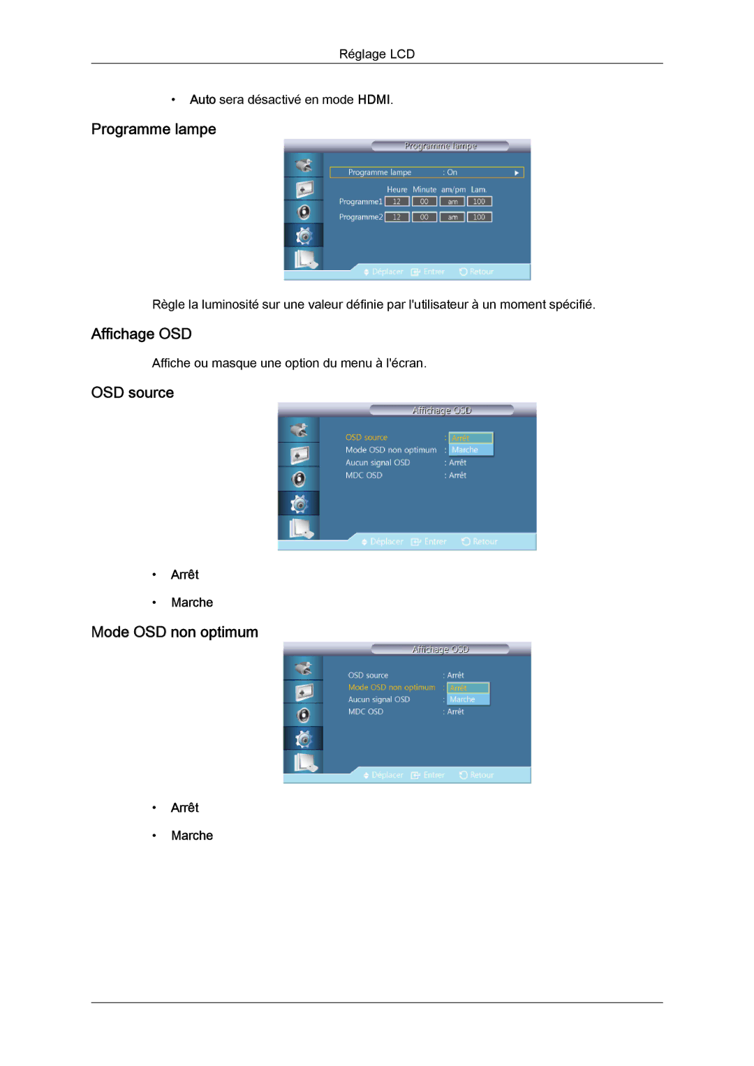 Samsung LH46CRPMBD/EN, LH46CRPMBC/EN, LH40CRPMBD/EN manual Programme lampe, Affichage OSD, OSD source, Mode OSD non optimum 