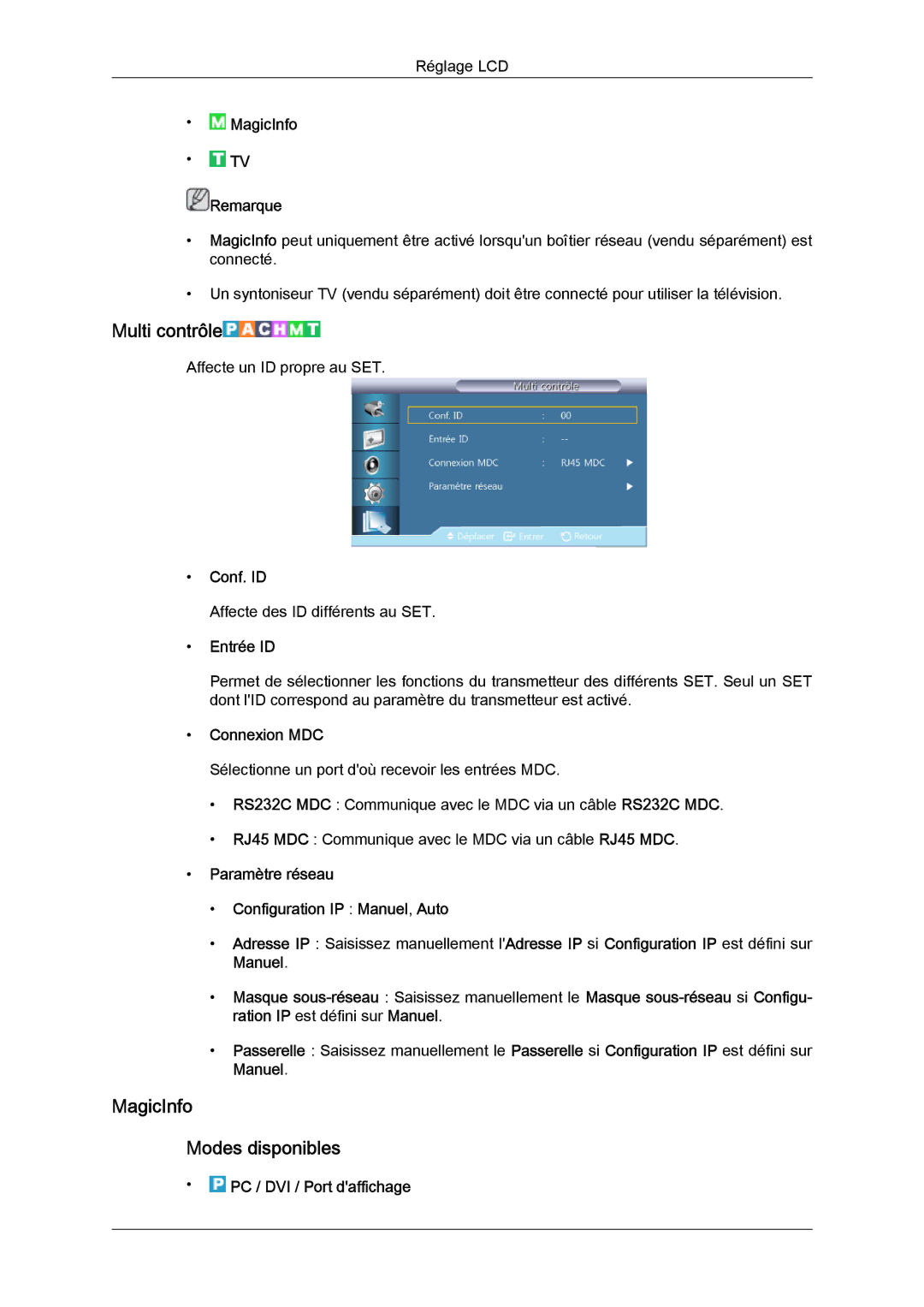 Samsung LH40CRPMBC/EN, LH46CRPMBD/EN, LH46CRPMBC/EN, LH40CRPMBD/EN manual Multi contrôle, MagicInfo Modes disponibles 