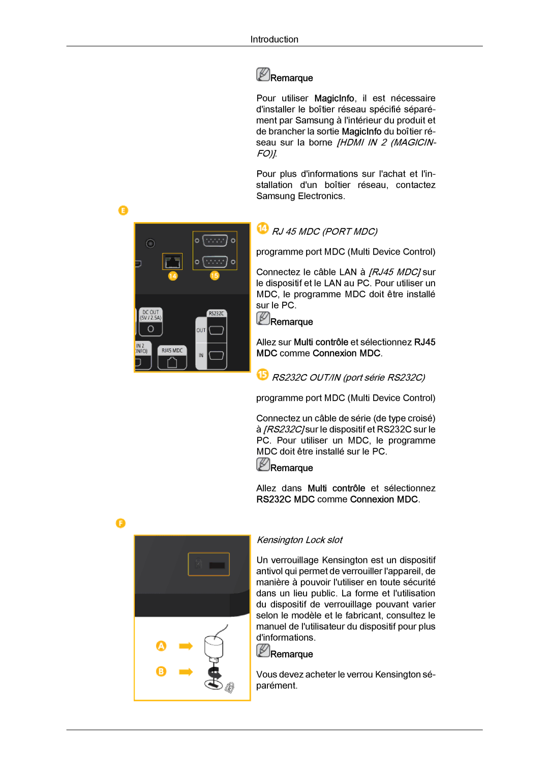 Samsung LH46CRPMBD/EN, LH46CRPMBC/EN, LH40CRPMBD/EN, LH40CRPMBC/EN RS232C OUT/IN port série RS232C, Kensington Lock slot 