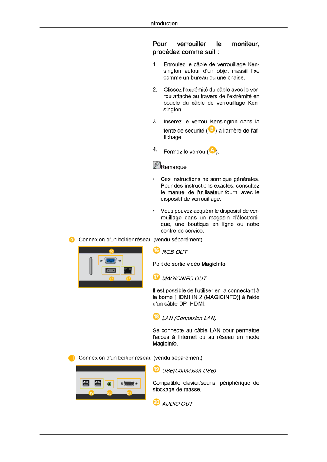 Samsung LH46CRPMBC/EN manual Pour verrouiller le moniteur, procédez comme suit, LAN Connexion LAN, USBConnexion USB 