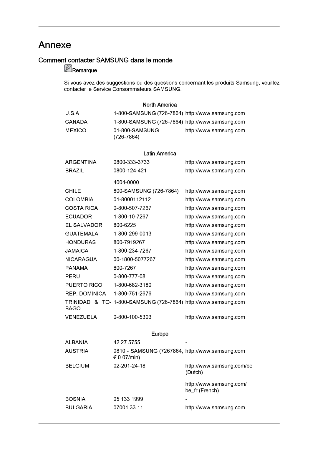 Samsung LH40CRPMBD/EN, LH46CRPMBD/EN manual Comment contacter Samsung dans le monde, North America, Latin America, Europe 