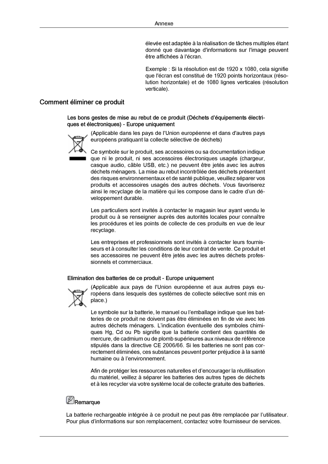 Samsung LH40CRPMBD/EN manual Comment éliminer ce produit, Elimination des batteries de ce produit Europe uniquement 