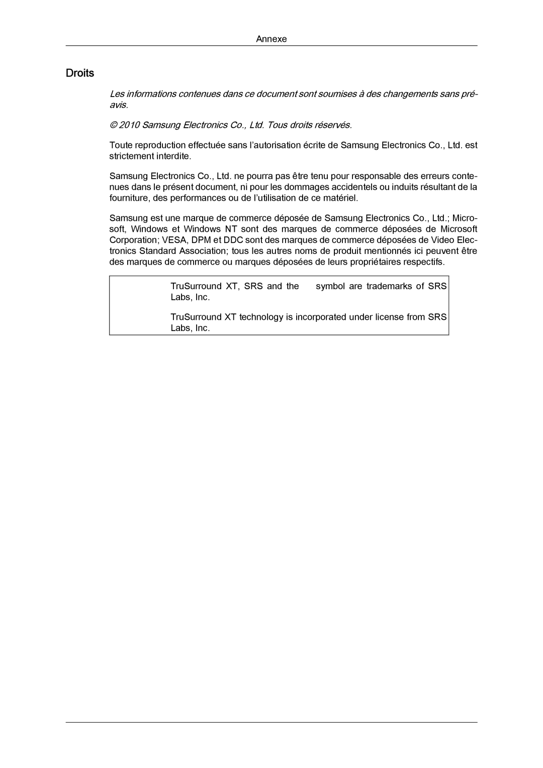 Samsung LH40CRPMBC/EN, LH46CRPMBD/EN, LH46CRPMBC/EN, LH40CRPMBD/EN manual Droits 