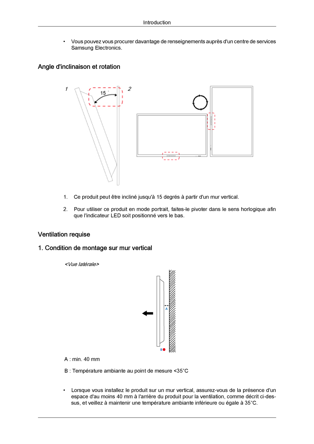 Samsung LH40CRPMBD/EN manual Angle dinclinaison et rotation, Ventilation requise Condition de montage sur mur vertical 