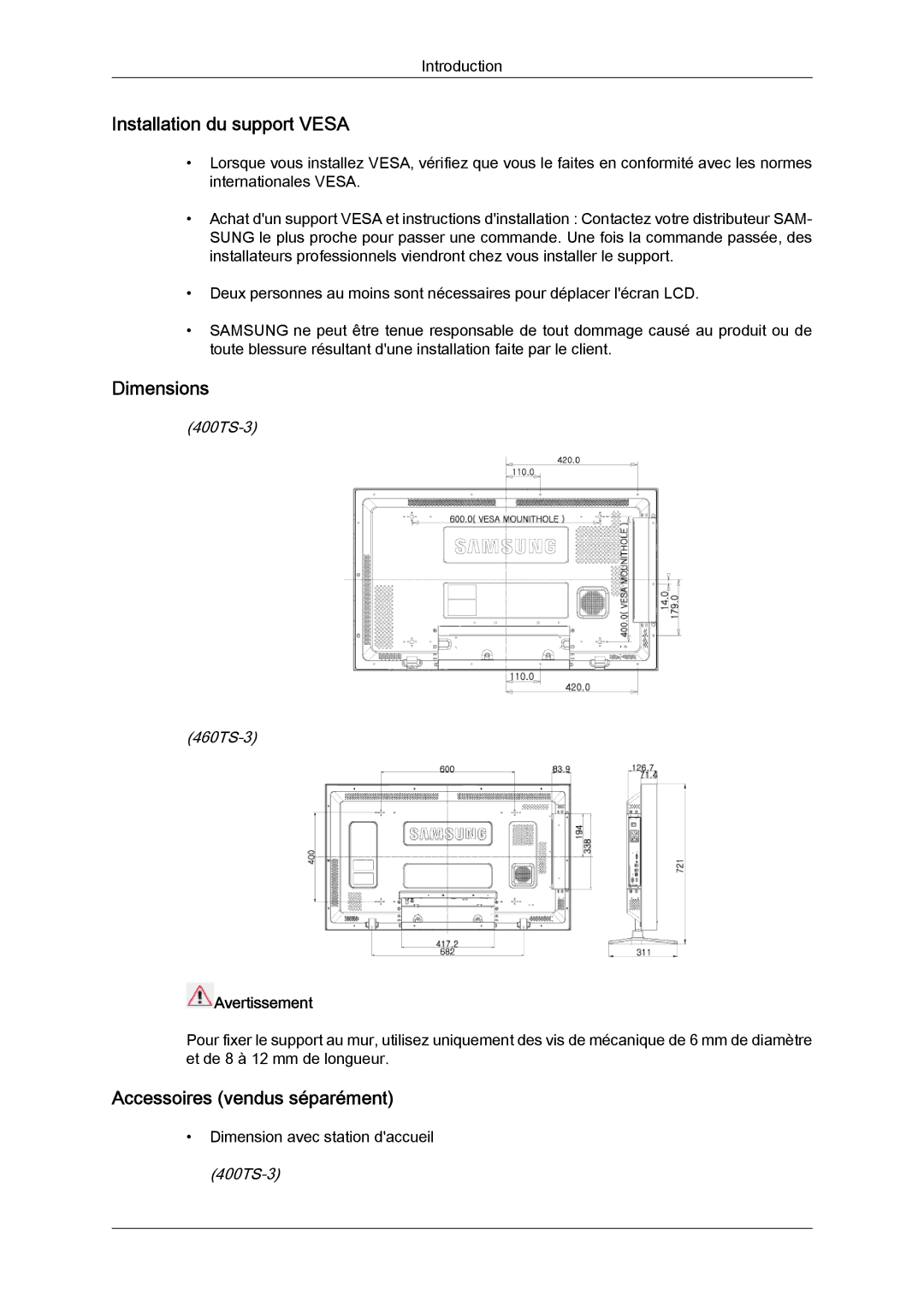 Samsung LH46CRPMBC/EN manual Installation du support Vesa, Dimensions, Accessoires vendus séparément, Avertissement 