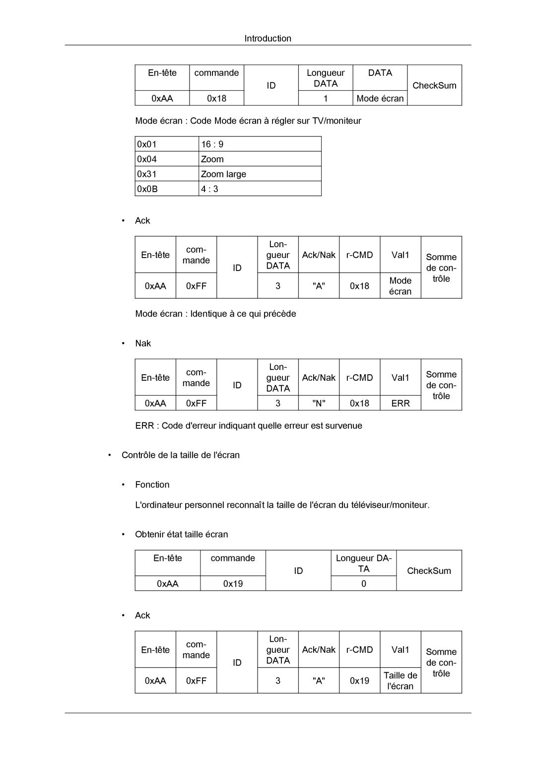 Samsung LH46CRPMBD/EN, LH46CRPMBC/EN, LH40CRPMBD/EN, LH40CRPMBC/EN manual Introduction En-tête 0xAA Commande 0x18 Longueur 