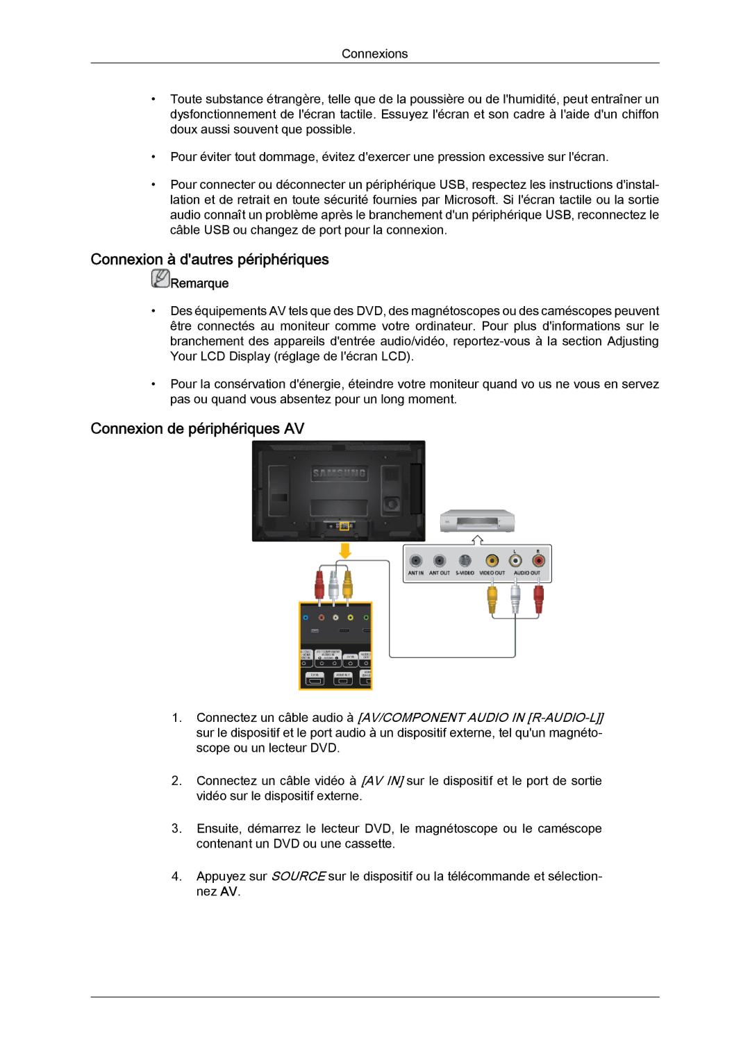 Samsung LH46CRPMBC/EN, LH46CRPMBD/EN, LH40CRPMBD/EN manual Connexion à dautres périphériques, Connexion de périphériques AV 