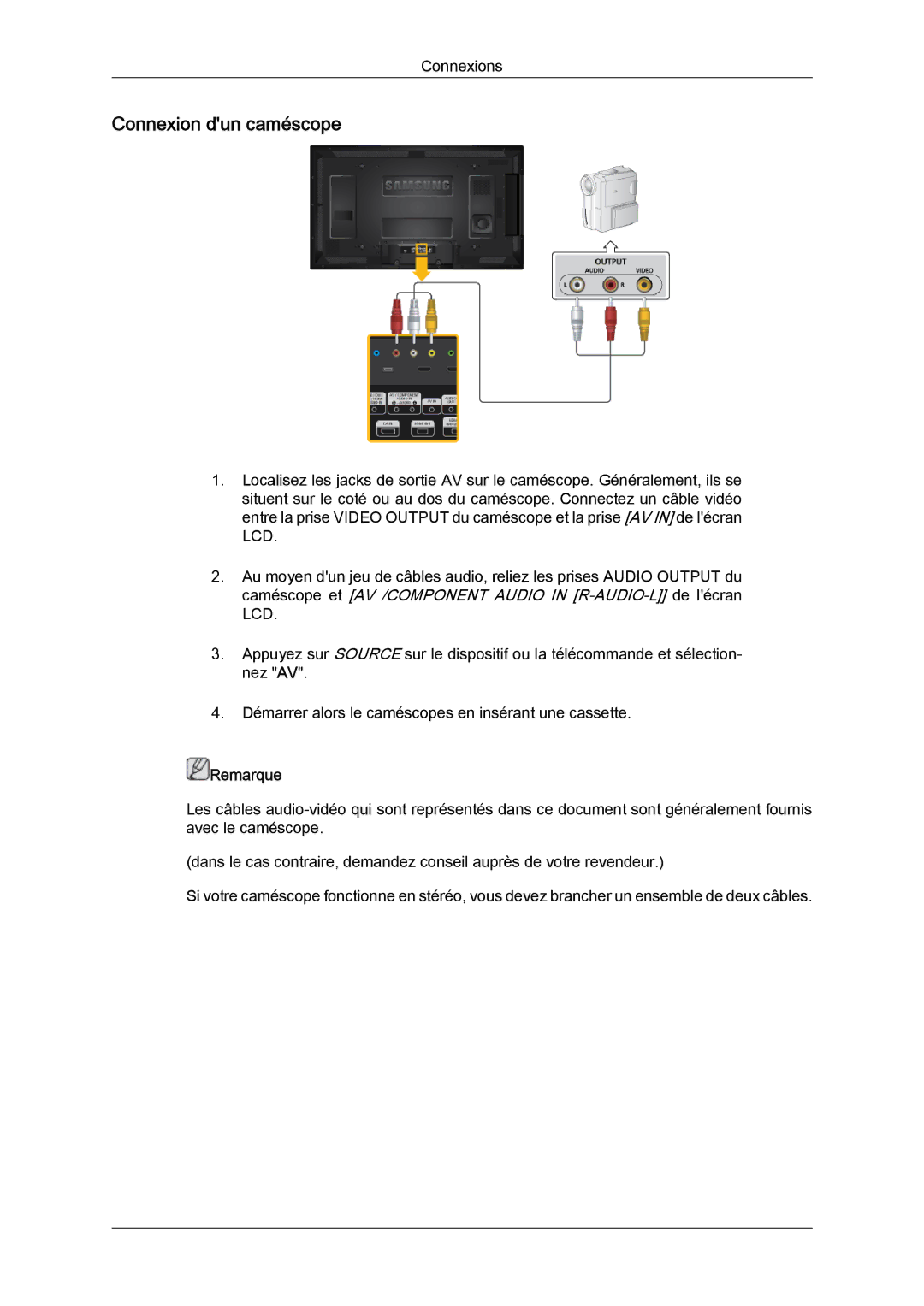 Samsung LH40CRPMBD/EN, LH46CRPMBD/EN, LH46CRPMBC/EN, LH40CRPMBC/EN manual Connexion dun caméscope 