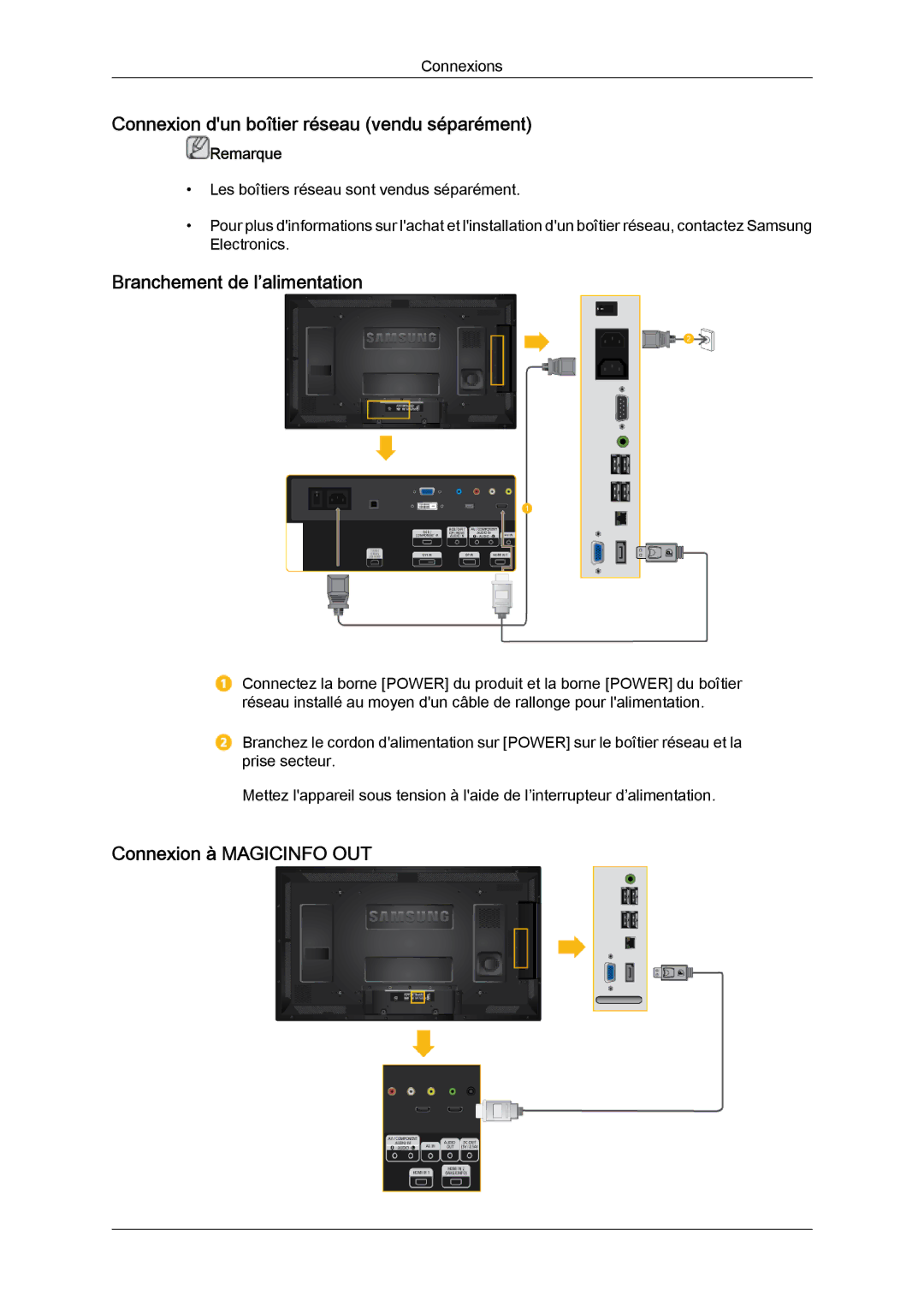 Samsung LH40CRPMBD/EN, LH46CRPMBD/EN manual Connexion dun boîtier réseau vendu séparément, Branchement de l’alimentation 