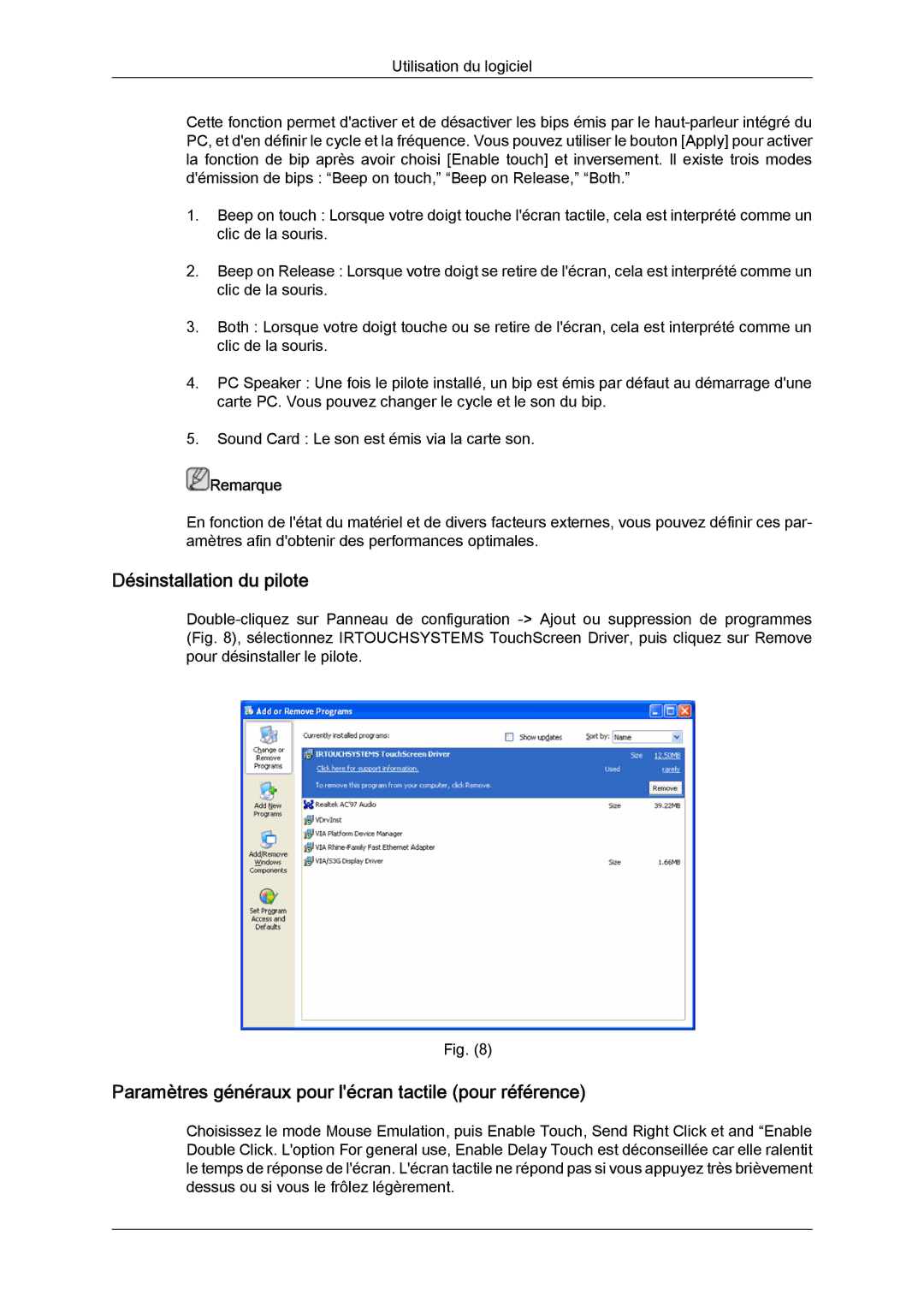 Samsung LH40CRPMBC/EN, LH46CRPMBD/EN Désinstallation du pilote, Paramètres généraux pour lécran tactile pour référence 