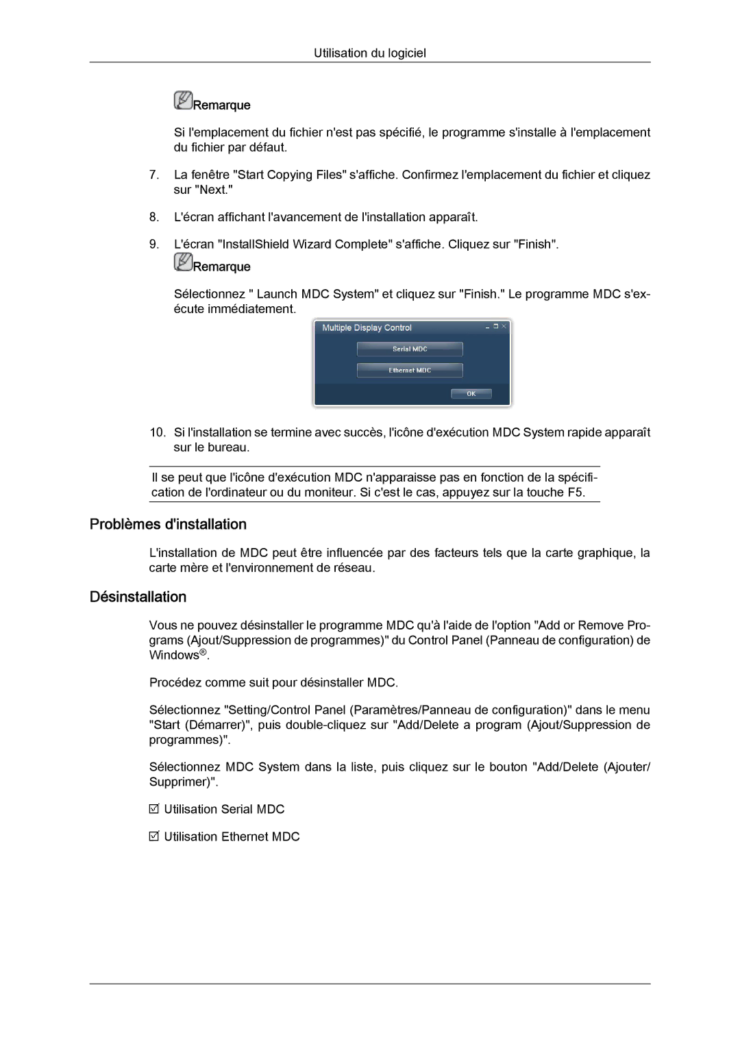 Samsung LH46CRPMBC/EN, LH46CRPMBD/EN, LH40CRPMBD/EN, LH40CRPMBC/EN manual Problèmes dinstallation, Désinstallation 