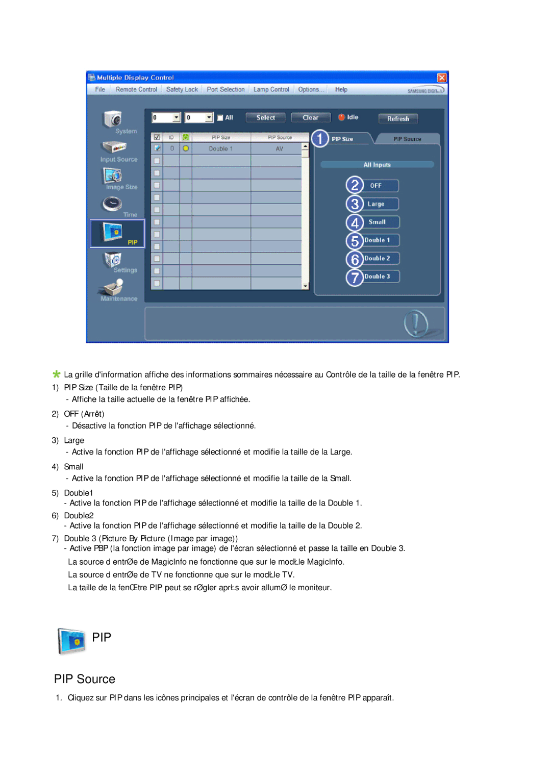 Samsung LH40CRPMBC/EN, LH46CRPMBD/EN, LH46CRPMBC/EN, LH40CRPMBD/EN manual PIP Source 