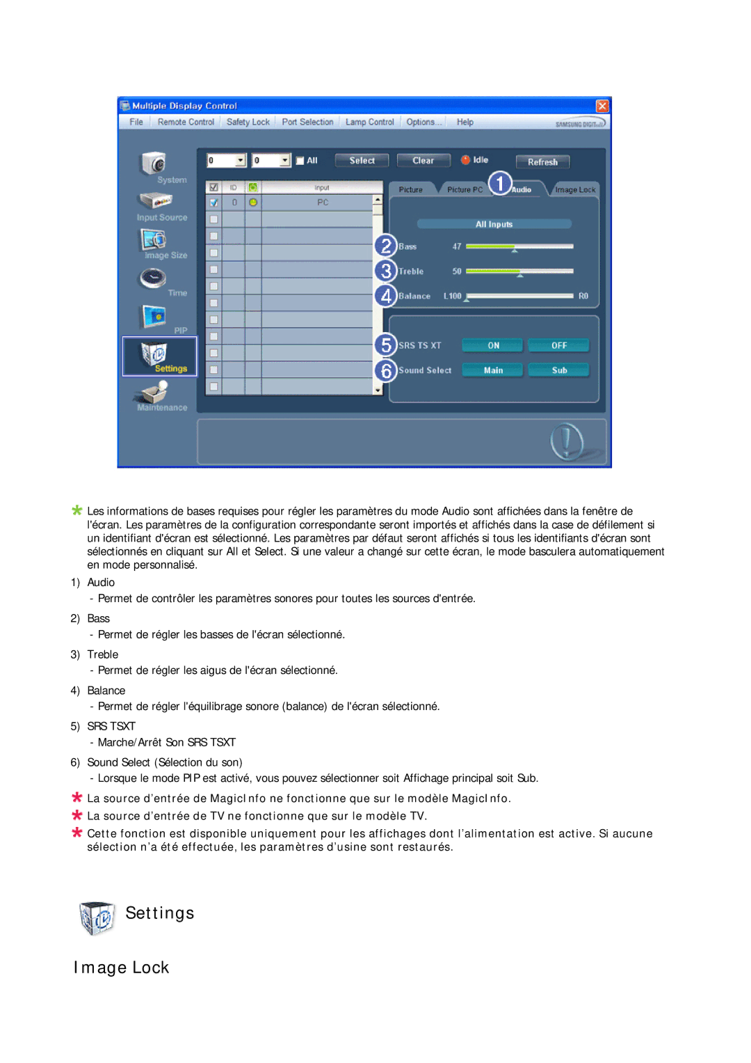 Samsung LH46CRPMBD/EN, LH46CRPMBC/EN, LH40CRPMBD/EN, LH40CRPMBC/EN manual Settings Image Lock, SRS Tsxt 