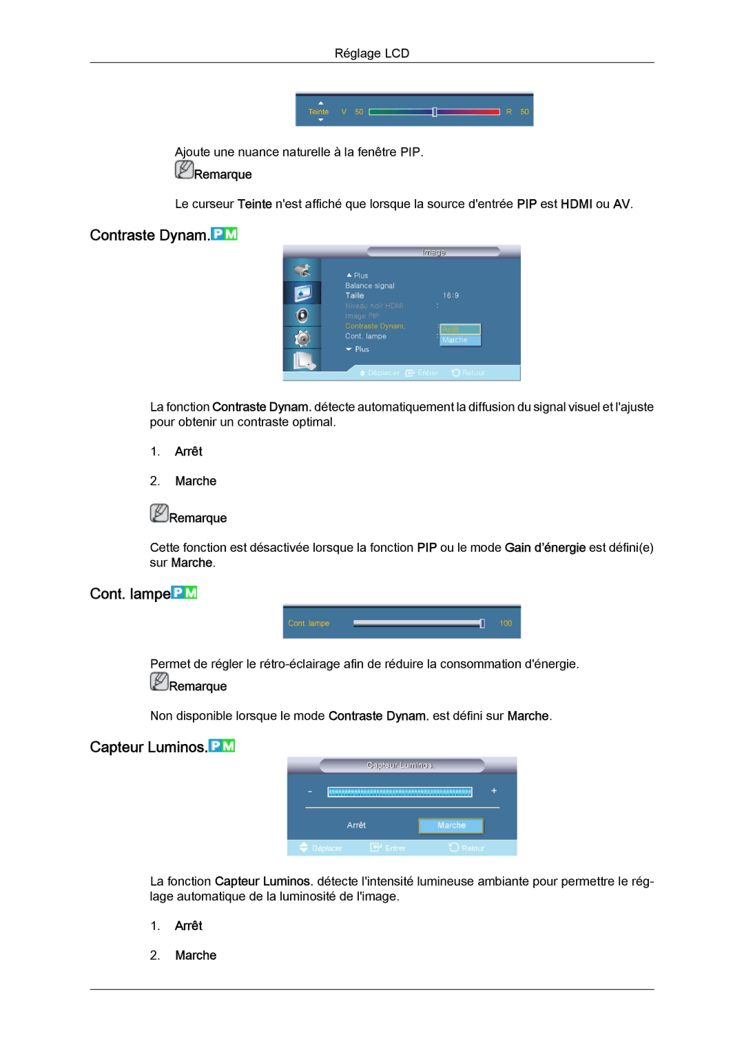 Samsung LH46CRPMBD/EN, LH46CRPMBC/EN, LH40CRPMBD/EN Contraste Dynam, Cont. lampe, Capteur Luminos, Arrêt Marche Remarque 