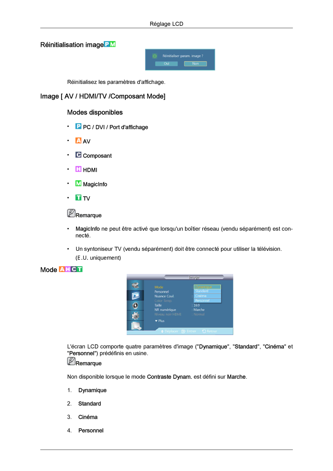 Samsung LH46CRPMBC/EN, LH46CRPMBD/EN manual Réinitialisation image, Image AV / HDMI/TV /Composant Mode Modes disponibles 