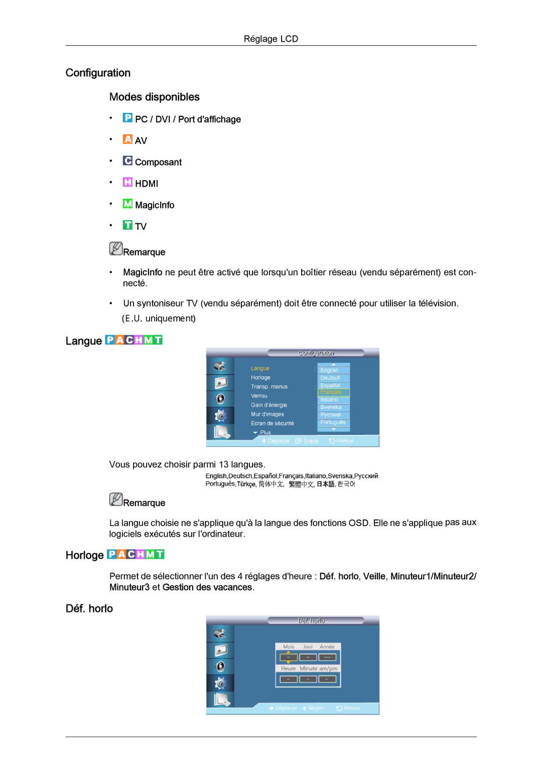 Samsung LH40CRPMBD/EN, LH46CRPMBD/EN, LH46CRPMBC/EN manual Configuration Modes disponibles, Langue, Horloge, Déf. horlo 