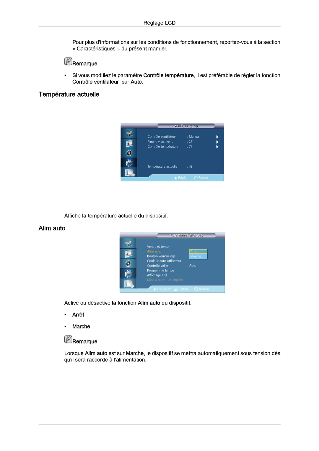 Samsung LH40CRPMBD/EN, LH46CRPMBD/EN, LH46CRPMBC/EN, LH40CRPMBC/EN manual Température actuelle, Alim auto 