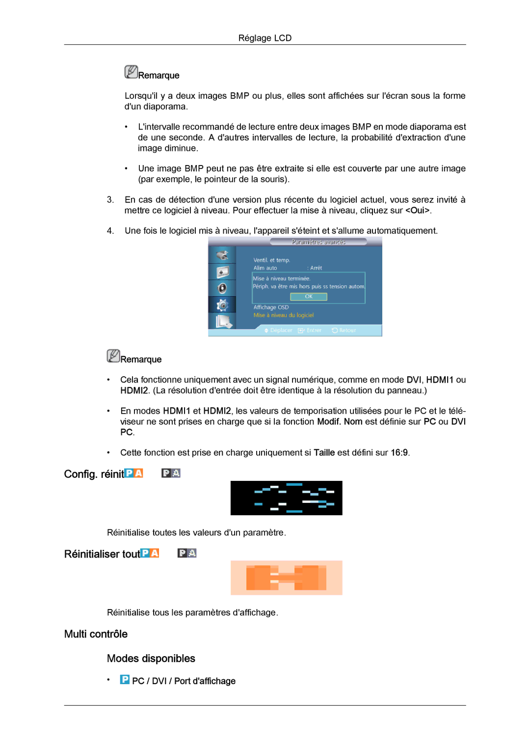 Samsung LH40CRPMBD/EN Config. réinit, Réinitialiser tout, Multi contrôle Modes disponibles, PC / DVI / Port daffichage 