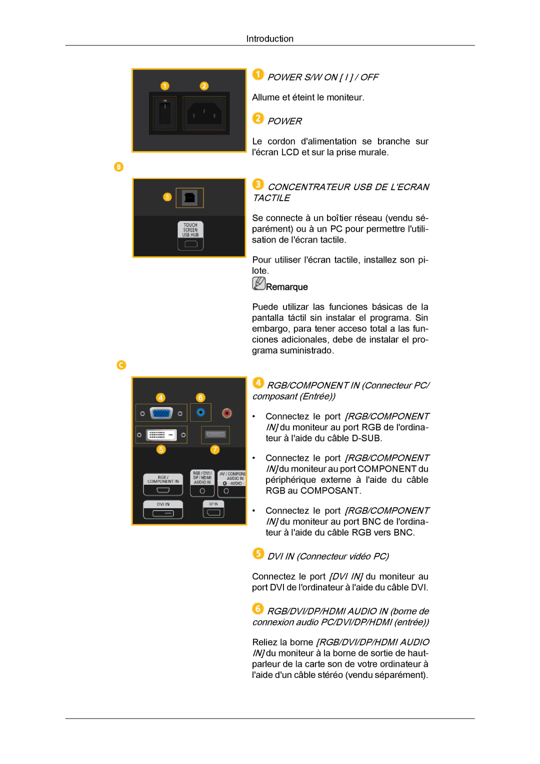 Samsung LH40CRPMBD/EN Power S/W on I / OFF, RGB/COMPONENT in Connecteur PC/ composant Entrée, DVI in Connecteur vidéo PC 